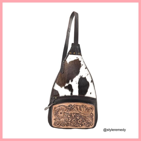 Genuine Cowhide Leather Sling Backpack Crossbody Bag Hand Tooled